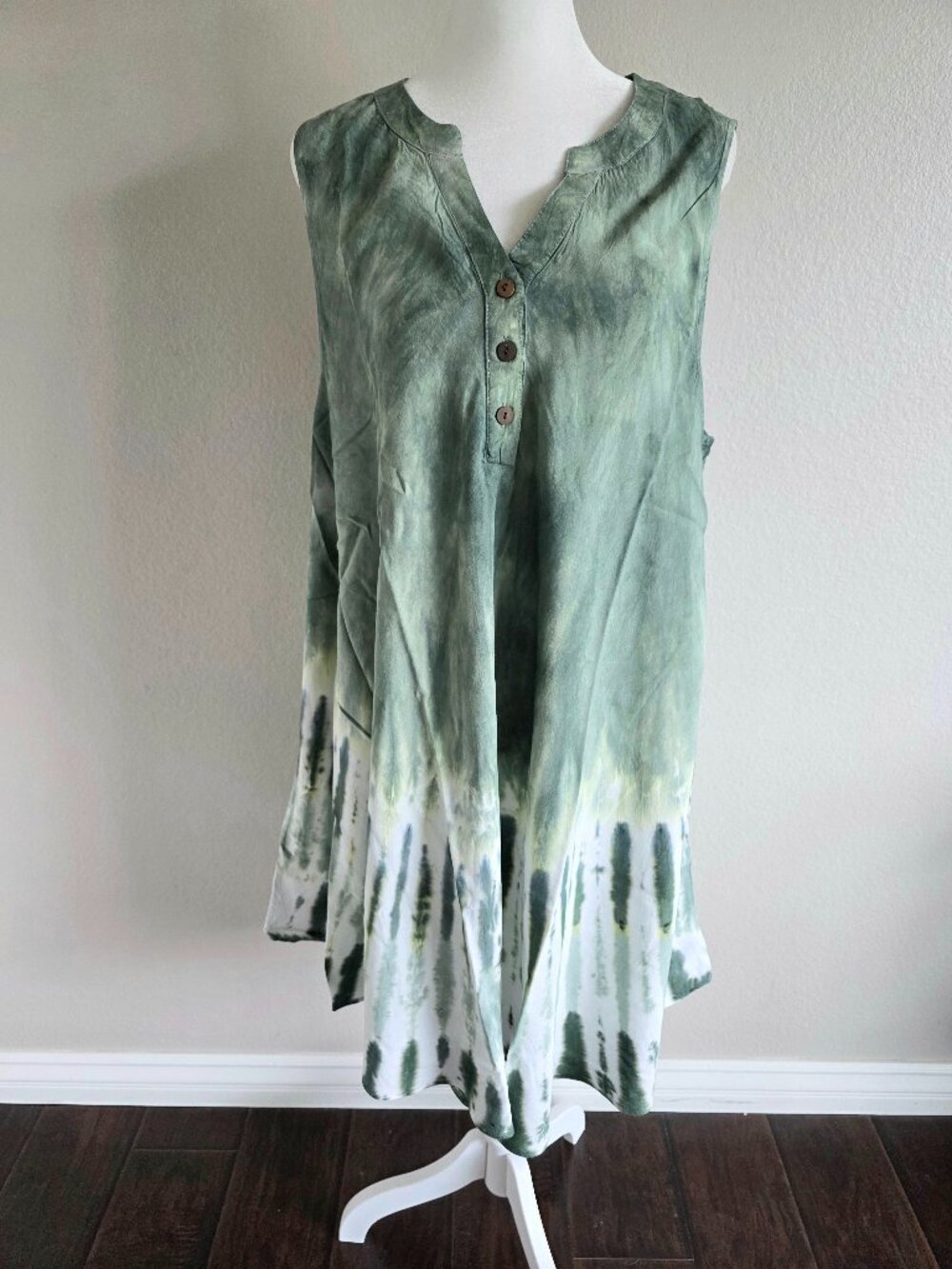 NEW La Marey Green White Tie Dye Umbrella Dress Buttons Popover One Size Plus 2X
